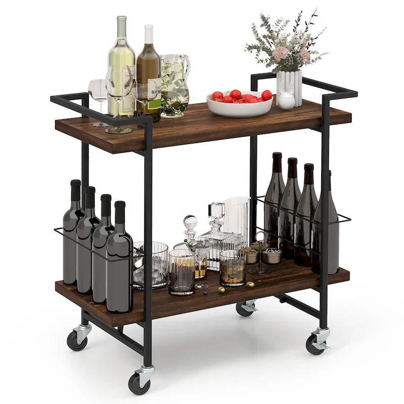 2-Tier Rolling Bar Cart with Lockable Wheels and Rustic Brown Finish