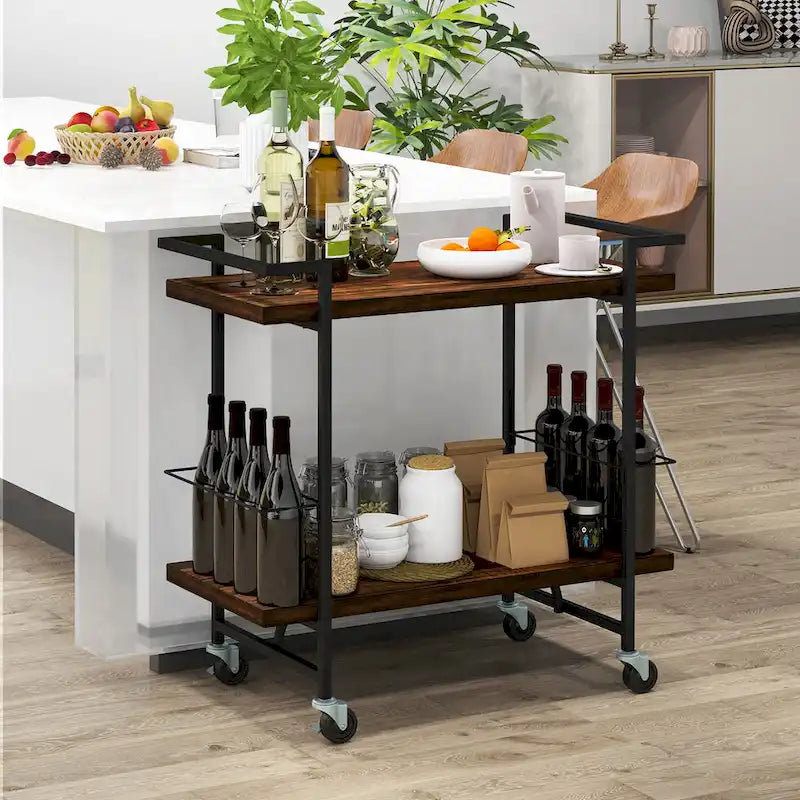 2-Tier Rolling Bar Cart with Lockable Wheels and Rustic Brown Finish