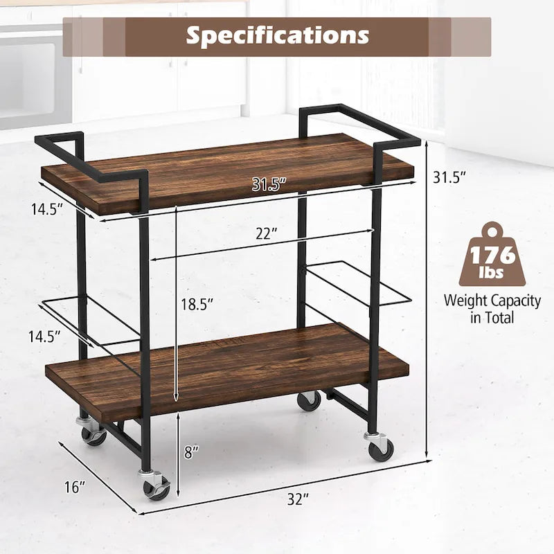 2-Tier Rolling Bar Cart with Lockable Wheels and Rustic Brown Finish