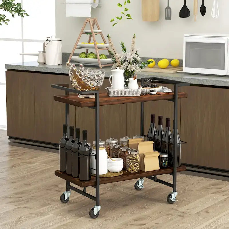 2-Tier Rolling Bar Cart with Lockable Wheels and Rustic Brown Finish