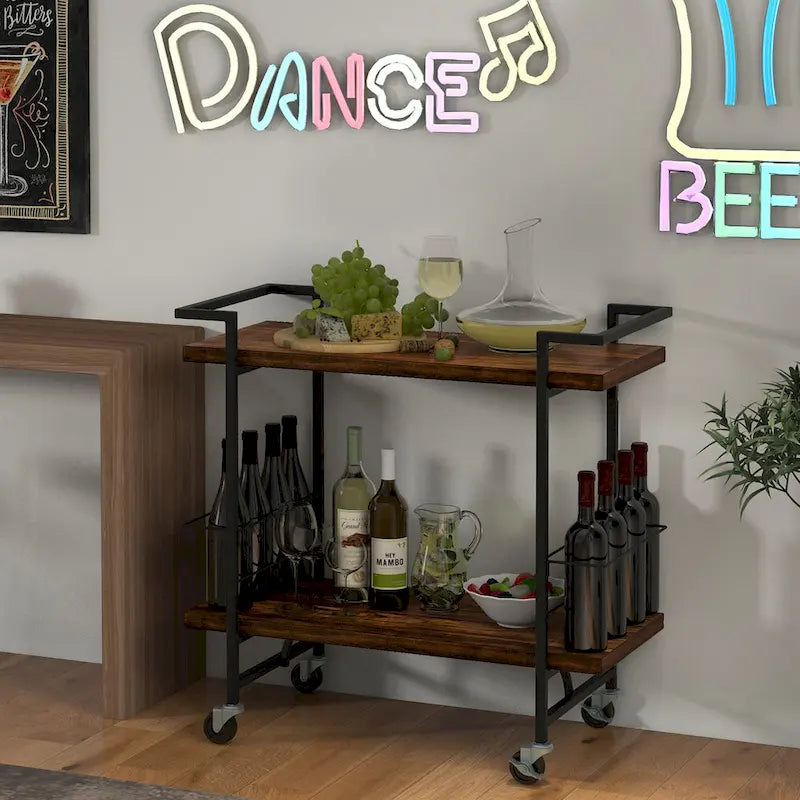 2-Tier Rolling Bar Cart with Lockable Wheels and Rustic Brown Finish