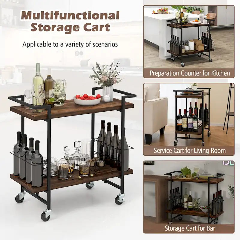 2-Tier Rolling Bar Cart with Lockable Wheels and Rustic Brown Finish