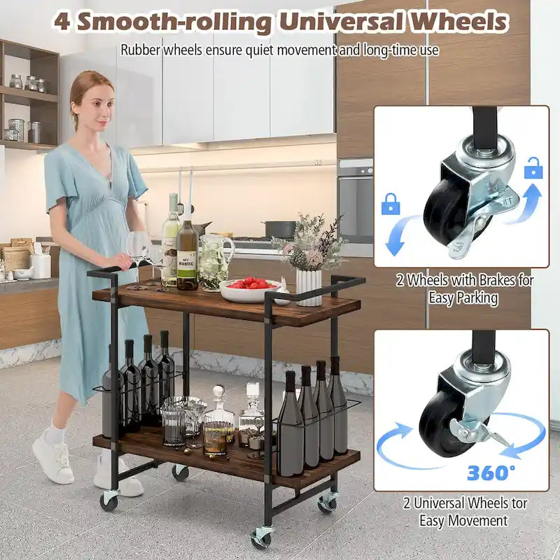 2-Tier Rolling Bar Cart with Lockable Wheels and Rustic Brown Finish