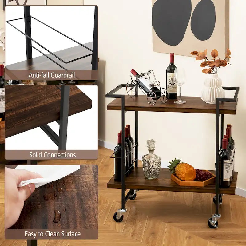 2-Tier Rolling Bar Cart with Lockable Wheels and Rustic Brown Finish