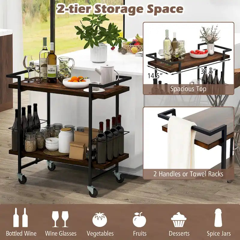 2-Tier Rolling Bar Cart with Lockable Wheels and Rustic Brown Finish