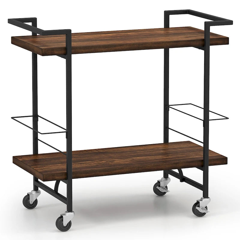 2-Tier Rolling Bar Cart with Lockable Wheels and Rustic Brown Finish
