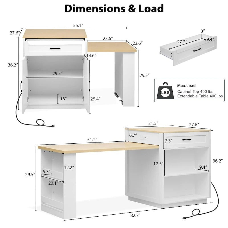 Kitchen Island with Extendable Dining Table, Double-Sided Storage and Built-in Charging Station