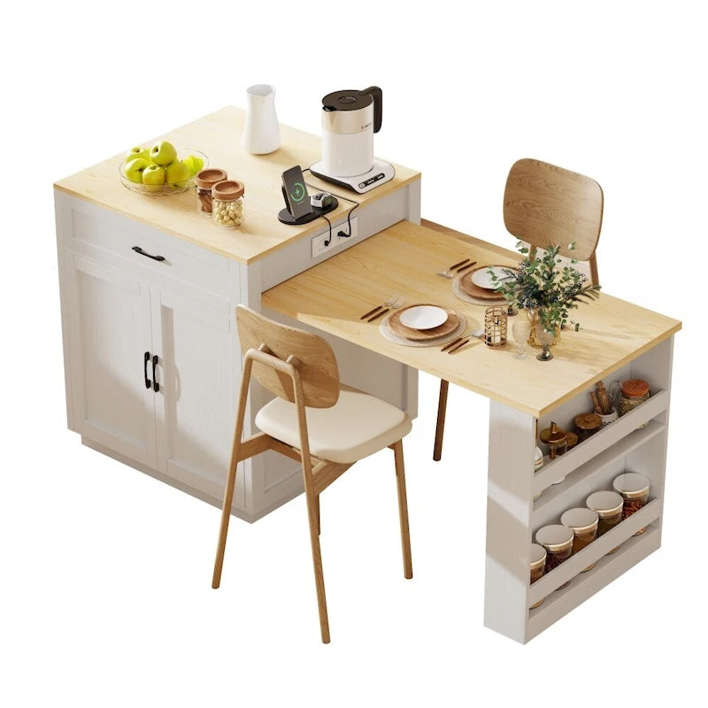 Kitchen Island with Extendable Dining Table, Double-Sided Storage and Built-in Charging Station