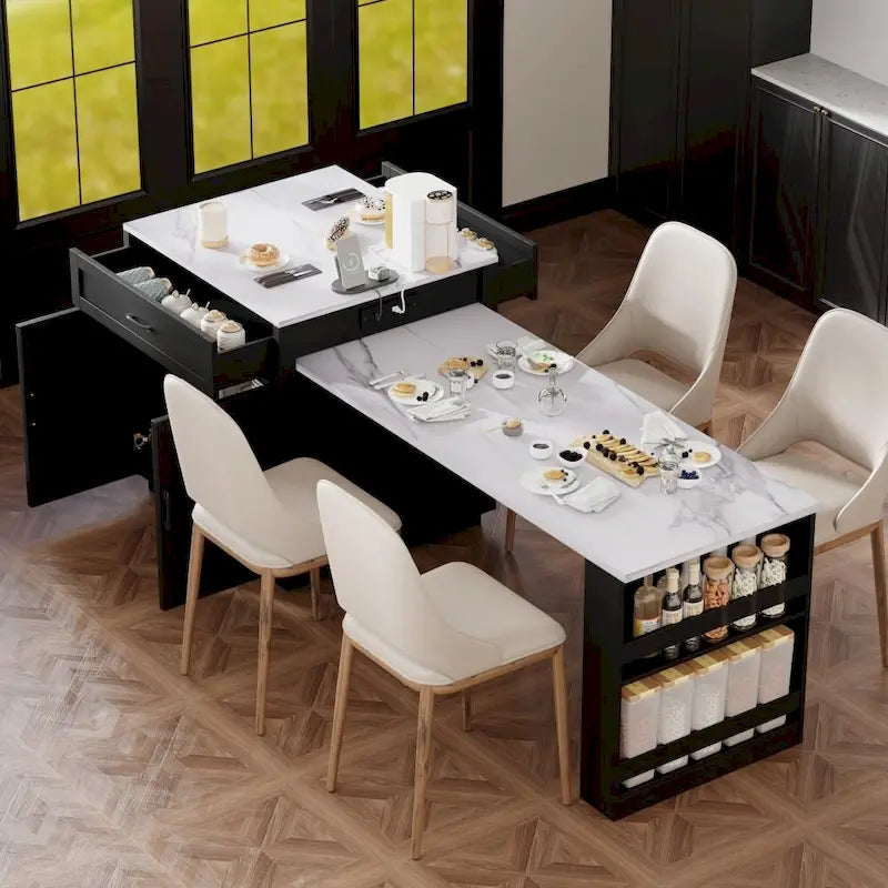 Kitchen Island with Extendable Dining Table, Double-Sided Storage and Built-in Charging Station