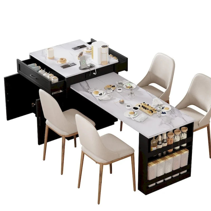 Kitchen Island with Extendable Dining Table, Double-Sided Storage and Built-in Charging Station