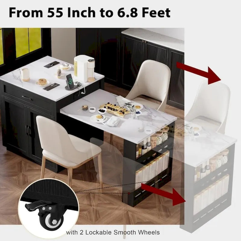 Kitchen Island with Extendable Dining Table, Double-Sided Storage and Built-in Charging Station