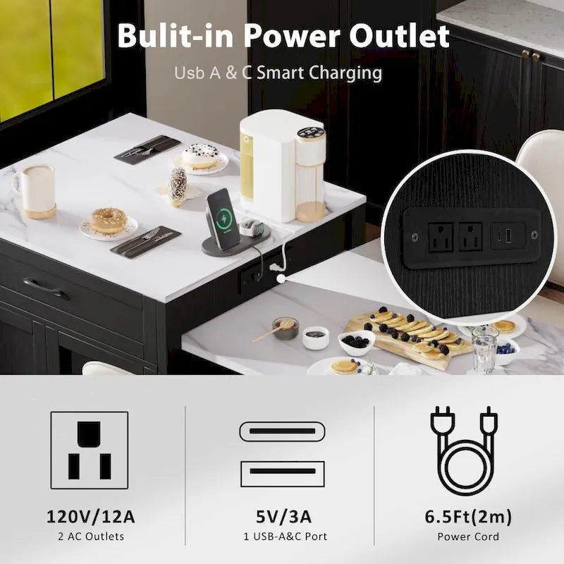Kitchen Island with Extendable Dining Table, Double-Sided Storage and Built-in Charging Station