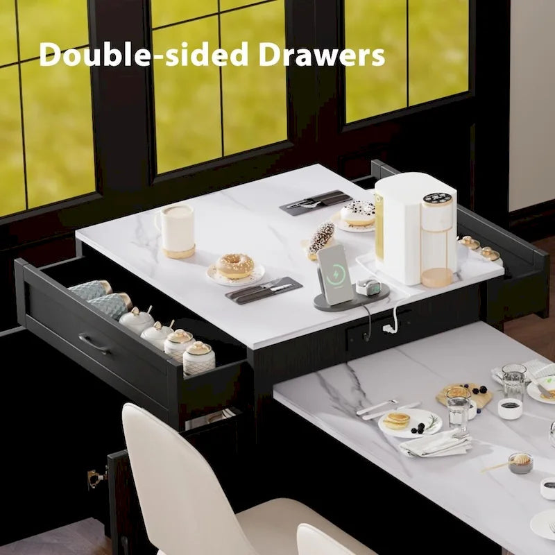 Kitchen Island with Extendable Dining Table, Double-Sided Storage and Built-in Charging Station
