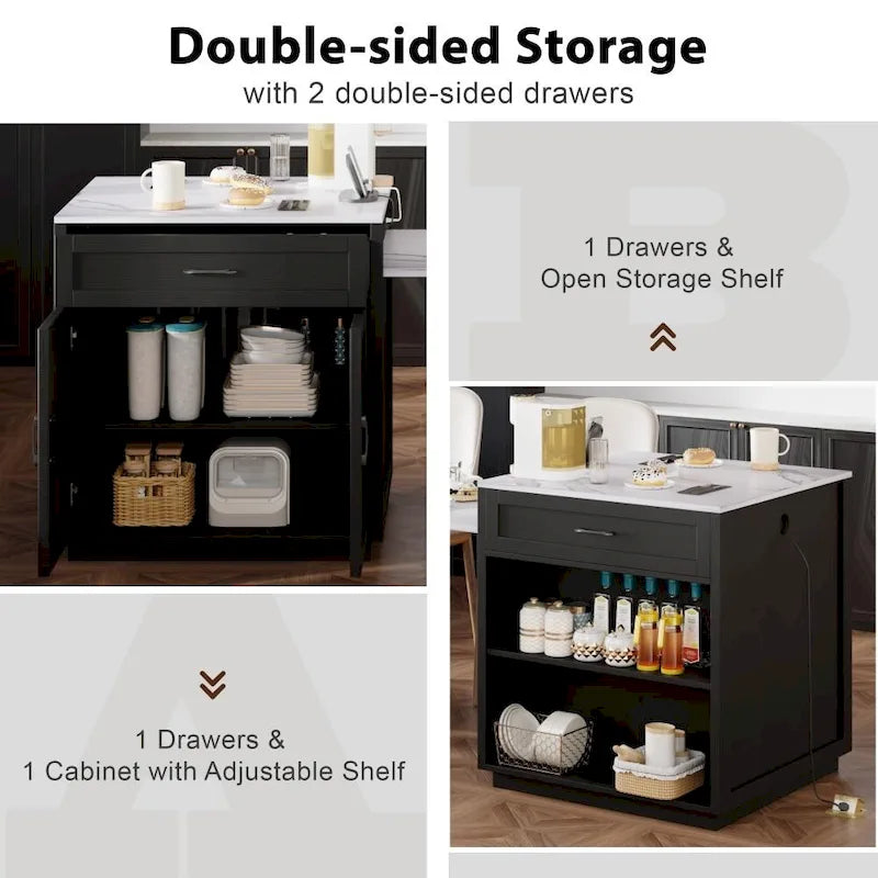 Kitchen Island with Extendable Dining Table, Double-Sided Storage and Built-in Charging Station