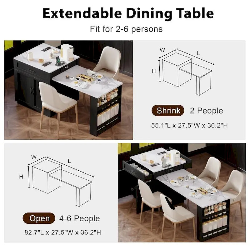 Kitchen Island with Extendable Dining Table, Double-Sided Storage and Built-in Charging Station