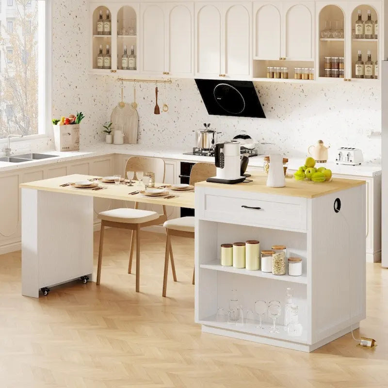 Kitchen Island with Extendable Dining Table, Double-Sided Storage and Built-in Charging Station