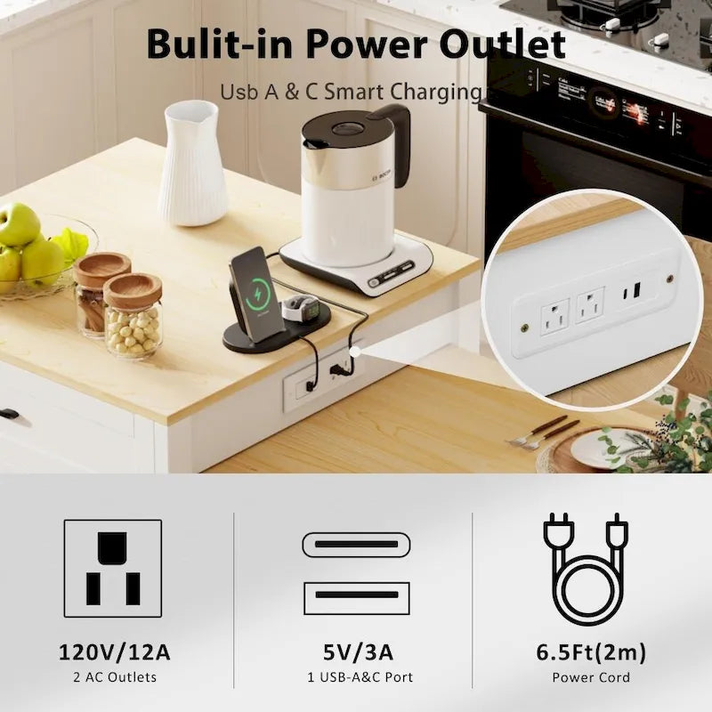Kitchen Island with Extendable Dining Table, Double-Sided Storage and Built-in Charging Station