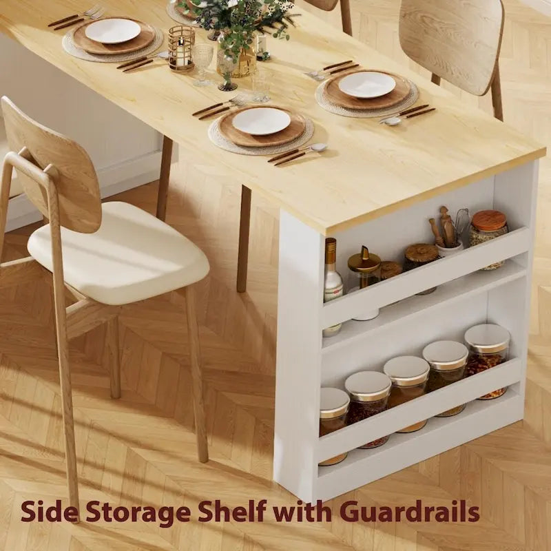 Kitchen Island with Extendable Dining Table, Double-Sided Storage and Built-in Charging Station