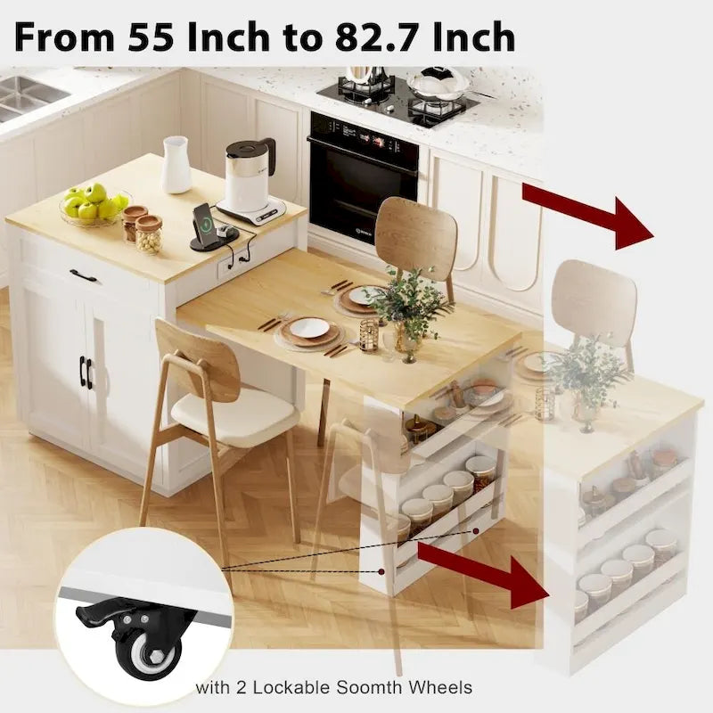 Kitchen Island with Extendable Dining Table, Double-Sided Storage and Built-in Charging Station