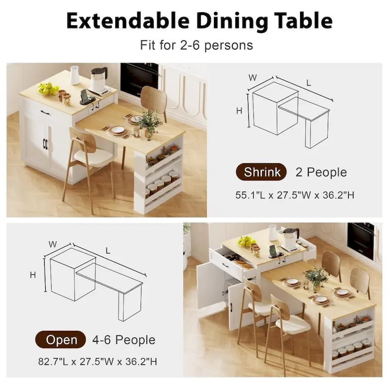 Kitchen Island with Extendable Dining Table, Double-Sided Storage and Built-in Charging Station