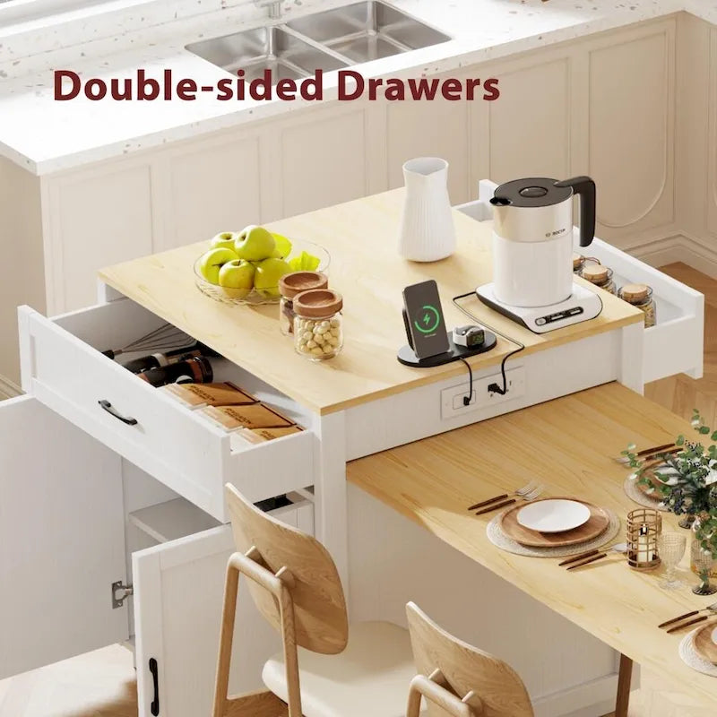 Kitchen Island with Extendable Dining Table, Double-Sided Storage and Built-in Charging Station