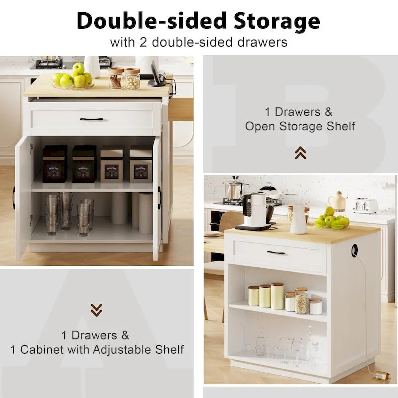 Kitchen Island with Extendable Dining Table, Double-Sided Storage and Built-in Charging Station