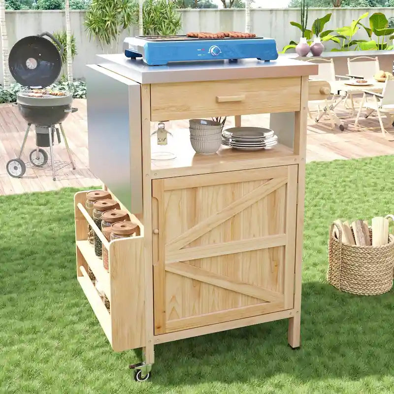 Outdoor Grill Cart with Stainless Steel Top and Drop Leaf, Rolling Patio Kitchen Island