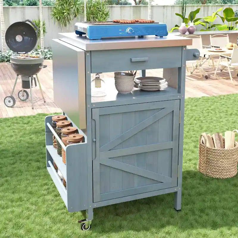 Outdoor Grill Cart with Stainless Steel Top and Drop Leaf, Rolling Patio Kitchen Island