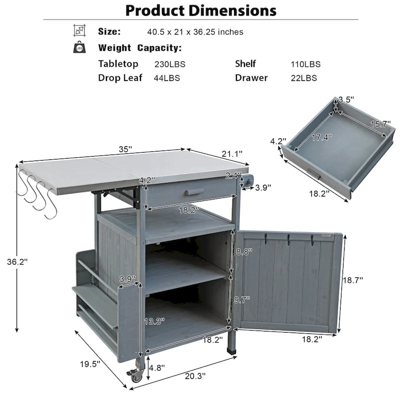 Outdoor Grill Cart with Stainless Steel Top and Drop Leaf, Rolling Patio Kitchen Island