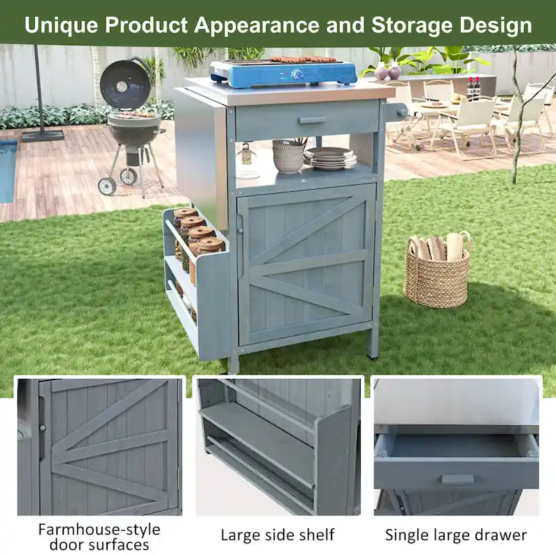 Outdoor Grill Cart with Stainless Steel Top and Drop Leaf, Rolling Patio Kitchen Island