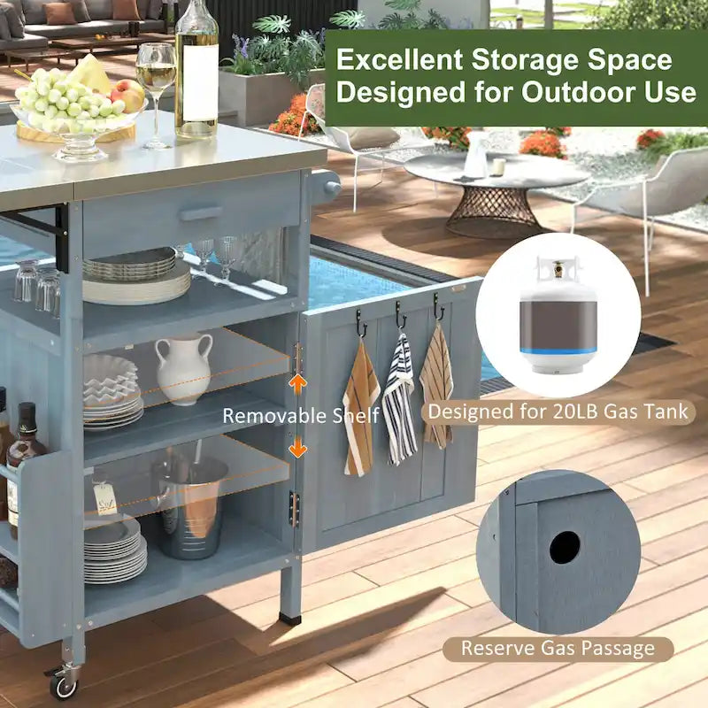 Outdoor Grill Cart with Stainless Steel Top and Drop Leaf, Rolling Patio Kitchen Island