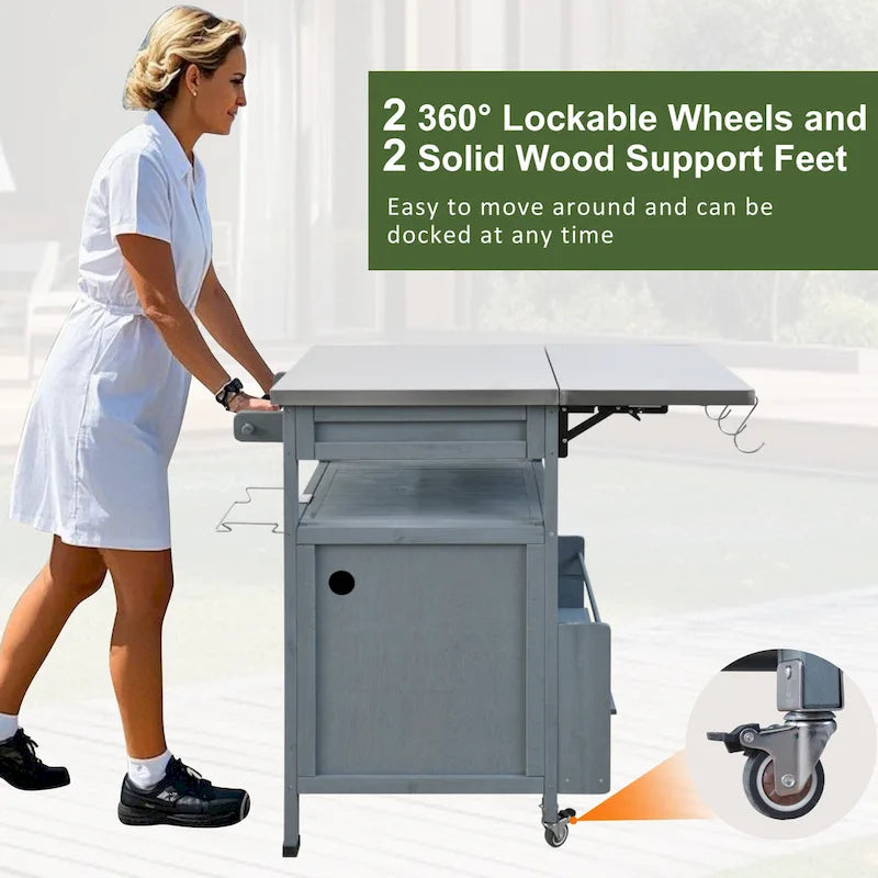 Outdoor Grill Cart with Stainless Steel Top and Drop Leaf, Rolling Patio Kitchen Island