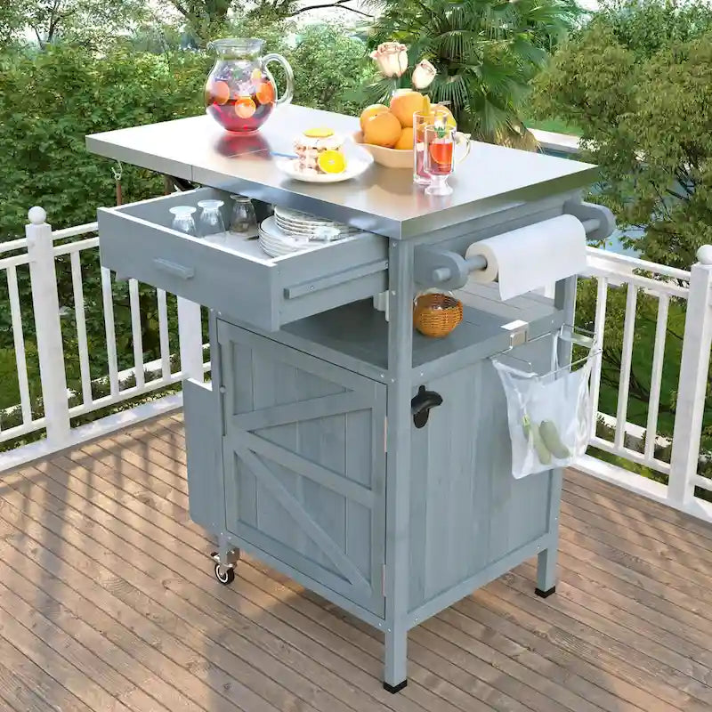 Outdoor Grill Cart with Stainless Steel Top and Drop Leaf, Rolling Patio Kitchen Island
