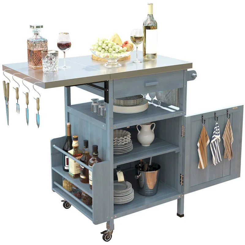 Outdoor Grill Cart with Stainless Steel Top and Drop Leaf, Rolling Patio Kitchen Island