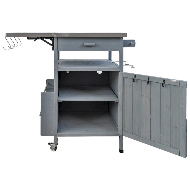 Outdoor Grill Cart with Stainless Steel Top and Drop Leaf, Rolling Patio Kitchen Island