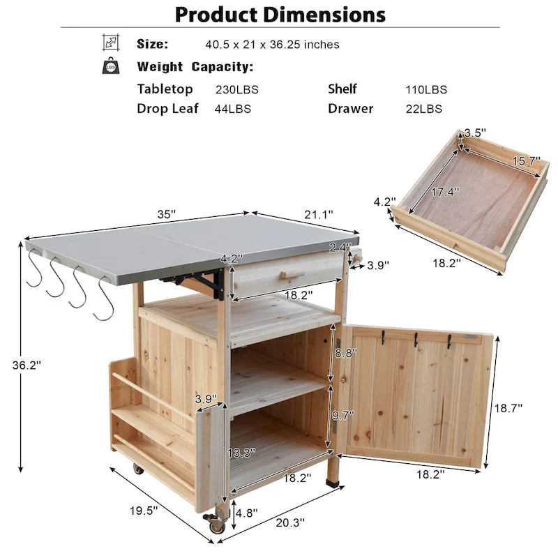 Outdoor Grill Cart with Stainless Steel Top and Drop Leaf, Rolling Patio Kitchen Island