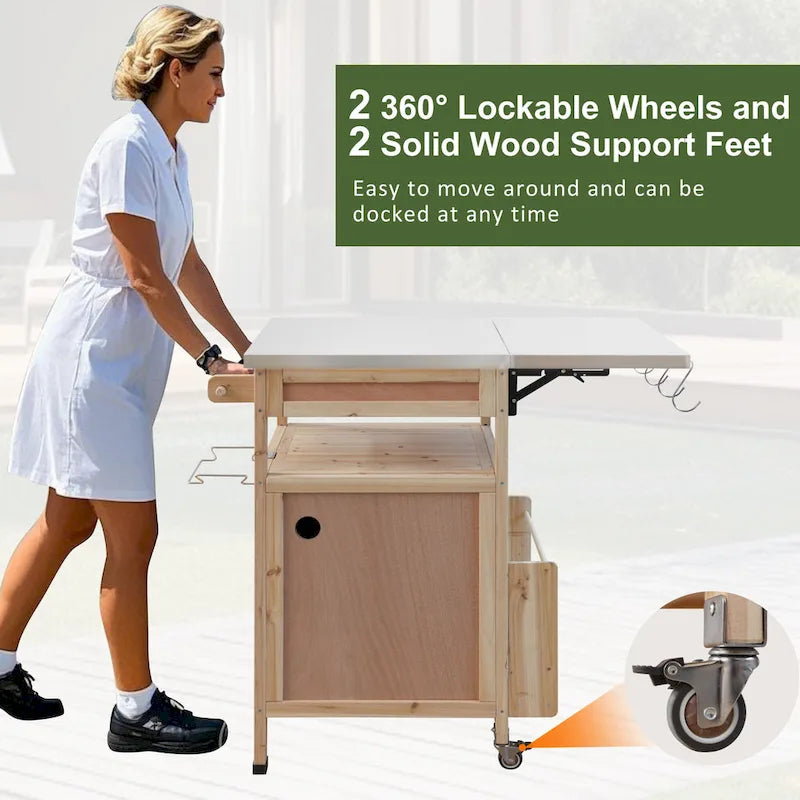 Outdoor Grill Cart with Stainless Steel Top and Drop Leaf, Rolling Patio Kitchen Island