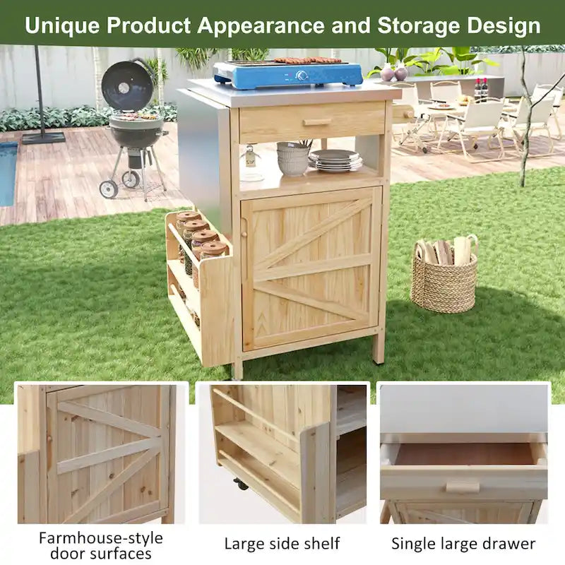 Outdoor Grill Cart with Stainless Steel Top and Drop Leaf, Rolling Patio Kitchen Island