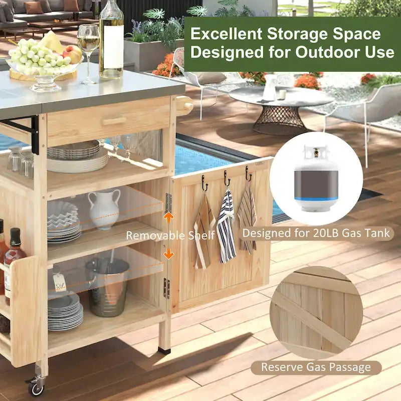 Outdoor Grill Cart with Stainless Steel Top and Drop Leaf, Rolling Patio Kitchen Island
