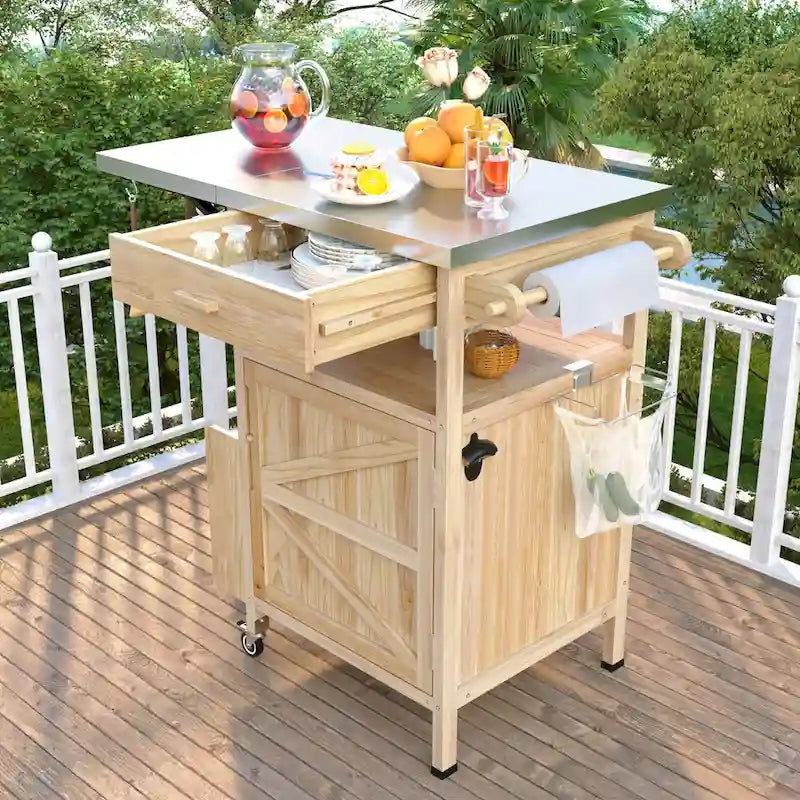 Outdoor Grill Cart with Stainless Steel Top and Drop Leaf, Rolling Patio Kitchen Island