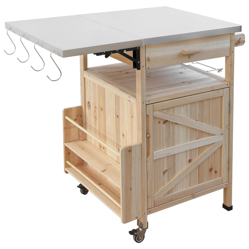 Outdoor Grill Cart with Stainless Steel Top and Drop Leaf, Rolling Patio Kitchen Island