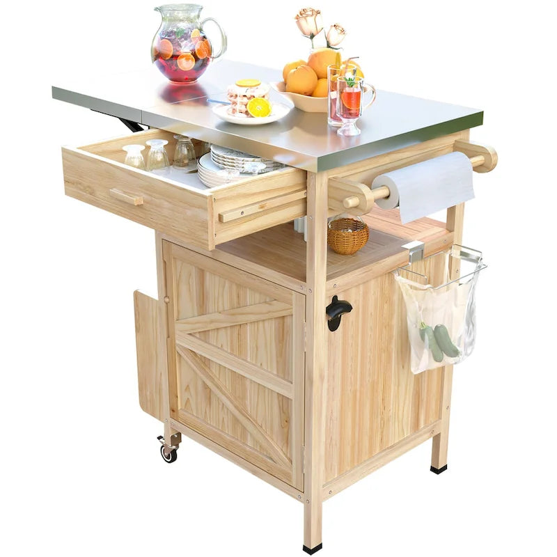 Outdoor Grill Cart with Stainless Steel Top and Drop Leaf, Rolling Patio Kitchen Island