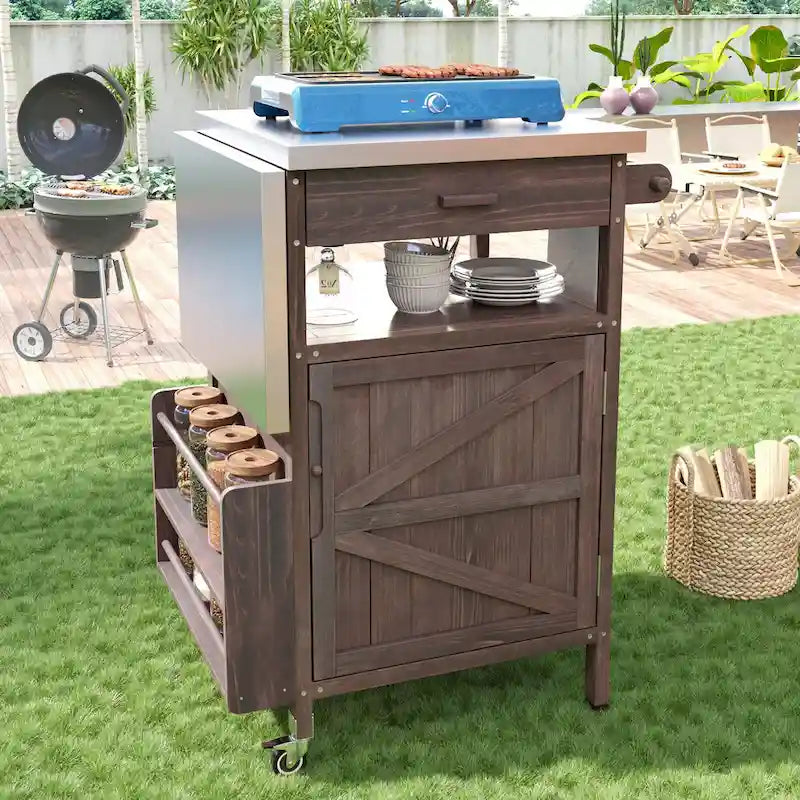 Outdoor Grill Cart with Stainless Steel Top and Drop Leaf, Rolling Patio Kitchen Island