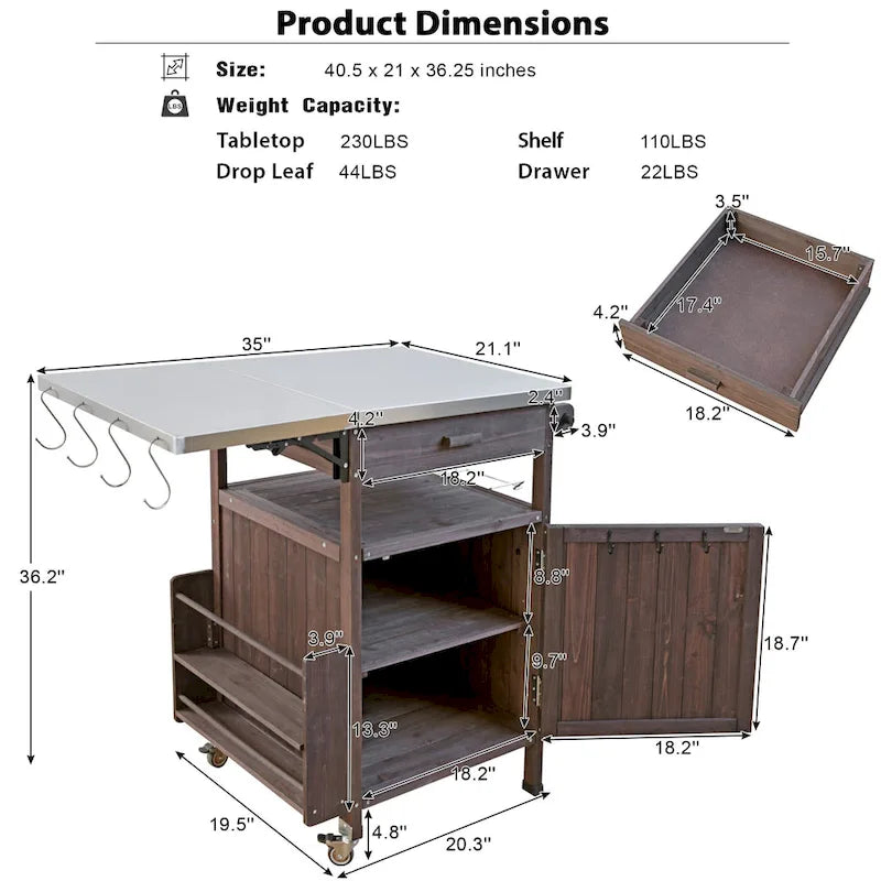 Outdoor Grill Cart with Stainless Steel Top and Drop Leaf, Rolling Patio Kitchen Island