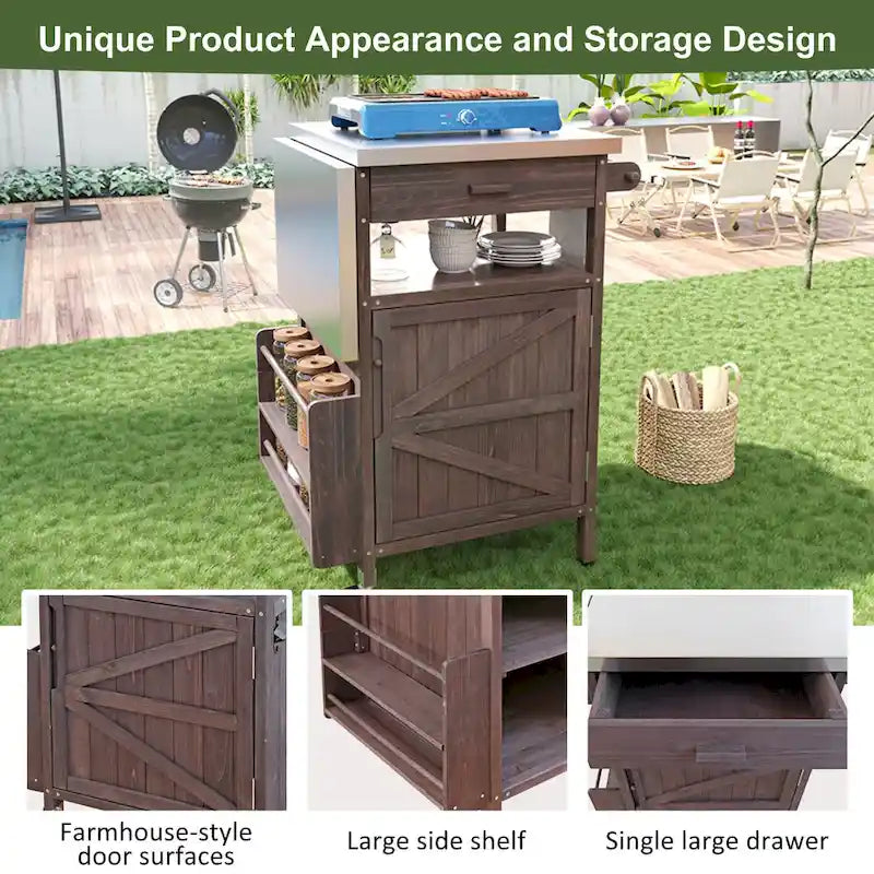 Outdoor Grill Cart with Stainless Steel Top and Drop Leaf, Rolling Patio Kitchen Island