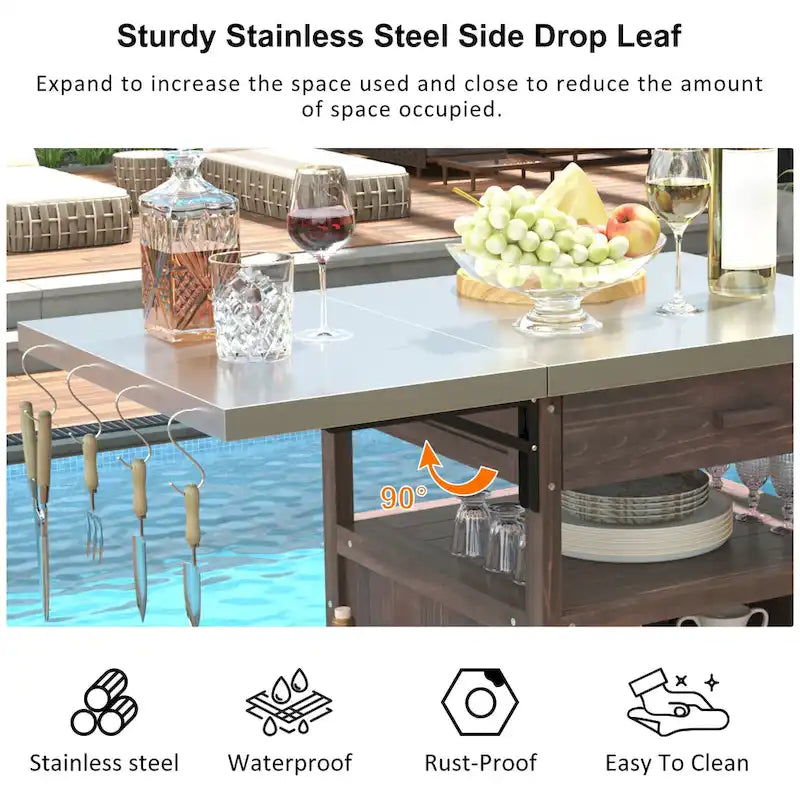 Outdoor Grill Cart with Stainless Steel Top and Drop Leaf, Rolling Patio Kitchen Island