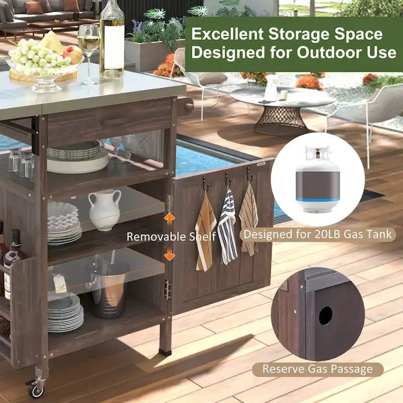 Outdoor Grill Cart with Stainless Steel Top and Drop Leaf, Rolling Patio Kitchen Island