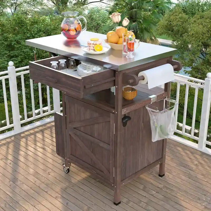 Outdoor Grill Cart with Stainless Steel Top and Drop Leaf, Rolling Patio Kitchen Island