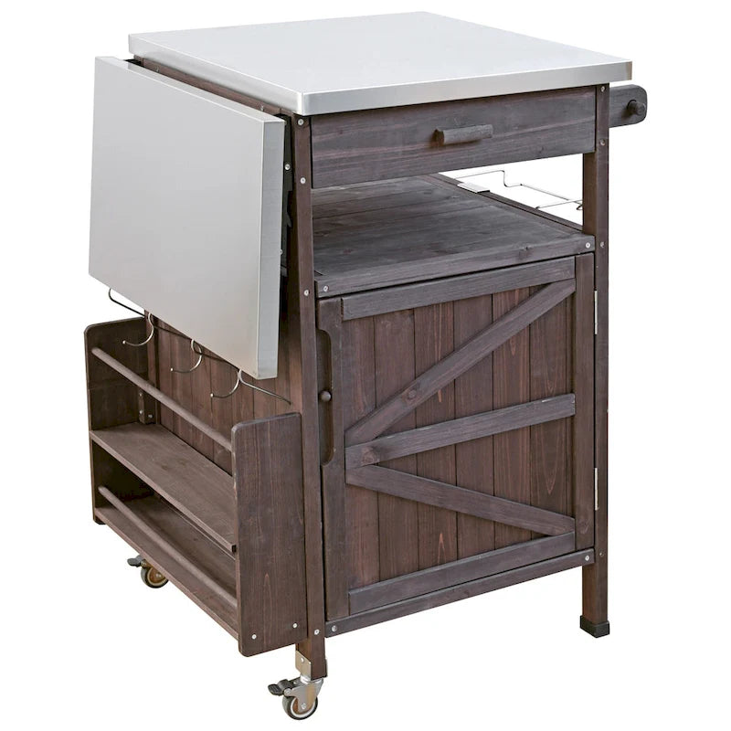Outdoor Grill Cart with Stainless Steel Top and Drop Leaf, Rolling Patio Kitchen Island