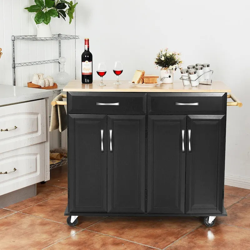 Desserte de cuisine roulante avec plateau en bois, 2 tiroirs et 4 portes